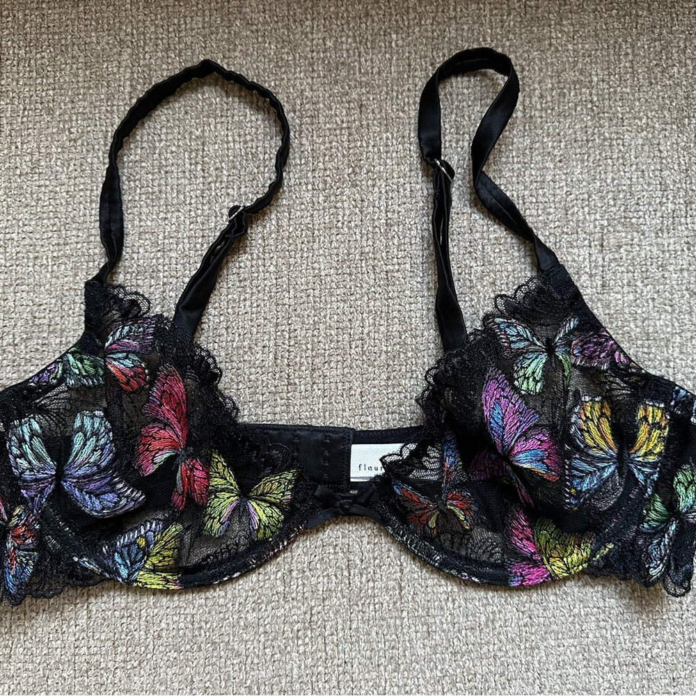 Fleur du Mal Butterfly Lace Underwire Bra 34B Black Multicolored